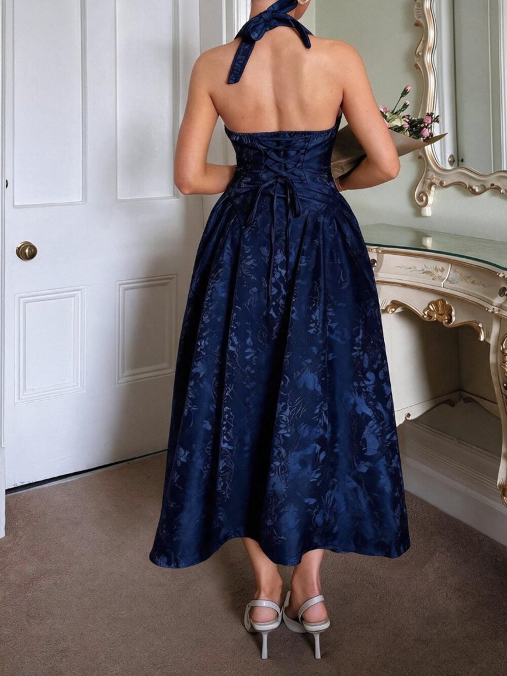 Navy Blue Elegant Women's 3d Embossed Floral V-Neck Sleeveless Flare Dress - Picture 2 of 5